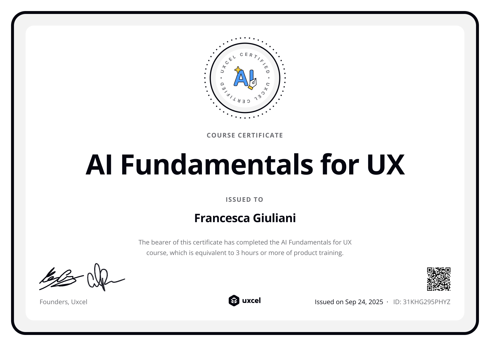 Francesca Giuliani's certificate